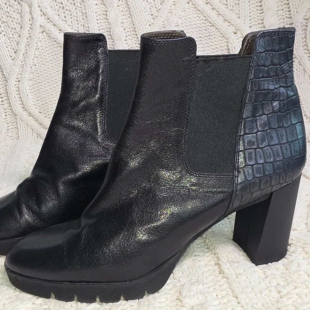 Brunate Heeled Boots Black Croc Embossed Italian Leather Womens 38.5 Excellent